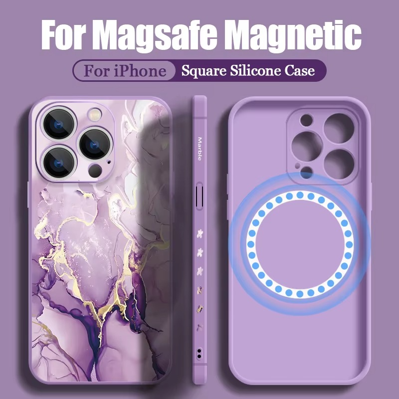 Luxury Apple iPhone Case, MagSafe Compatible, Camera Lens and Screen Protection, Ultra Thin, Shockproof, Magnetic, Full All Around Protection, Marble Silicone Lanyard Cover