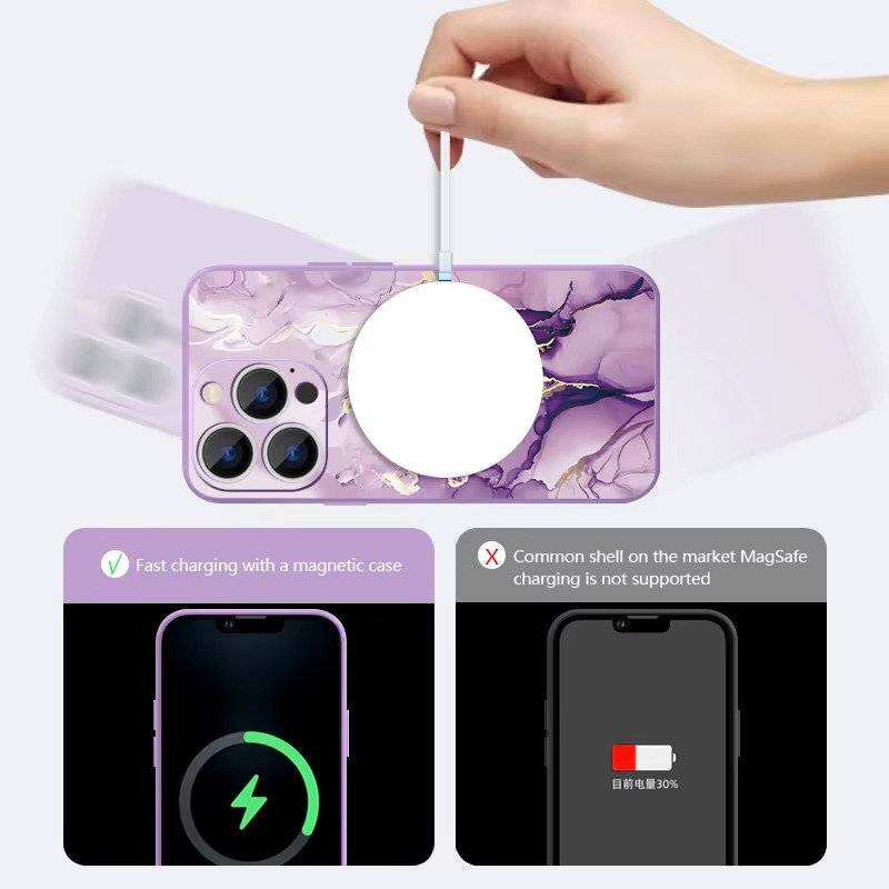 Luxury Apple iPhone Case, MagSafe Compatible, Camera Lens and Screen Protection, Ultra Thin, Shockproof, Magnetic, Full All Around Protection, Marble Silicone Lanyard Cover