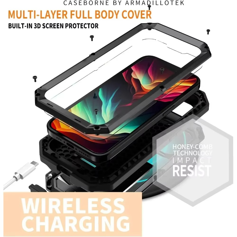 Robuste Apple iPhone Hülle, MagSafe-kompatibel, Kameraobjektiv- und Bildschirmschutz, ultra dünn, stoßfest, magnetisch, vollständiger Rundumschutz, Metall 360 Grad Glas-Schiebedeckel