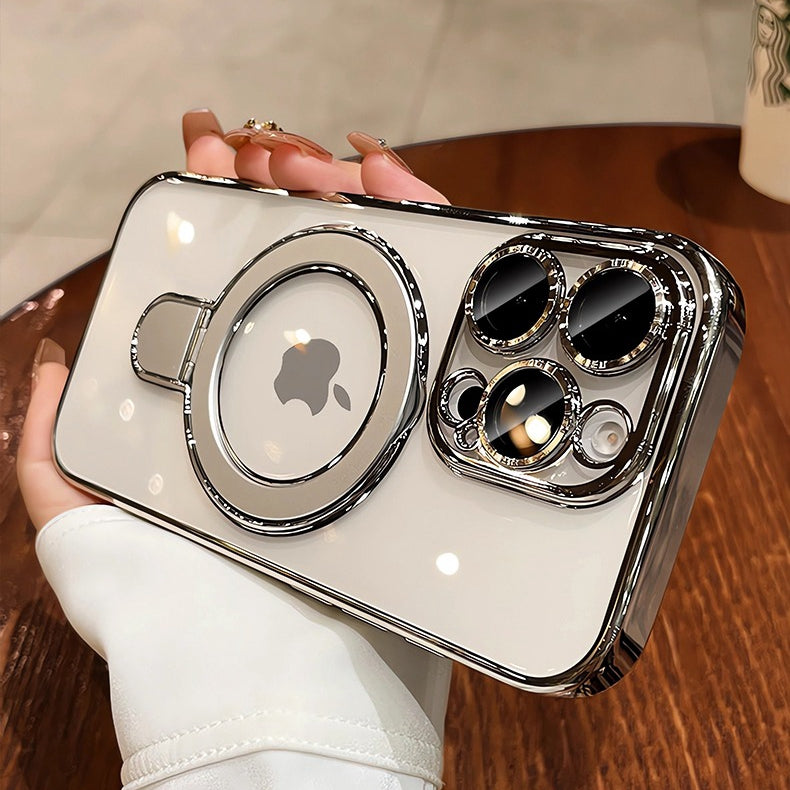 Luxury Plating MagSafe iPhone Case Transparent Acrylic Magnetic Cover with Stand Holder Shockproof PC Bumper Case for iPhone