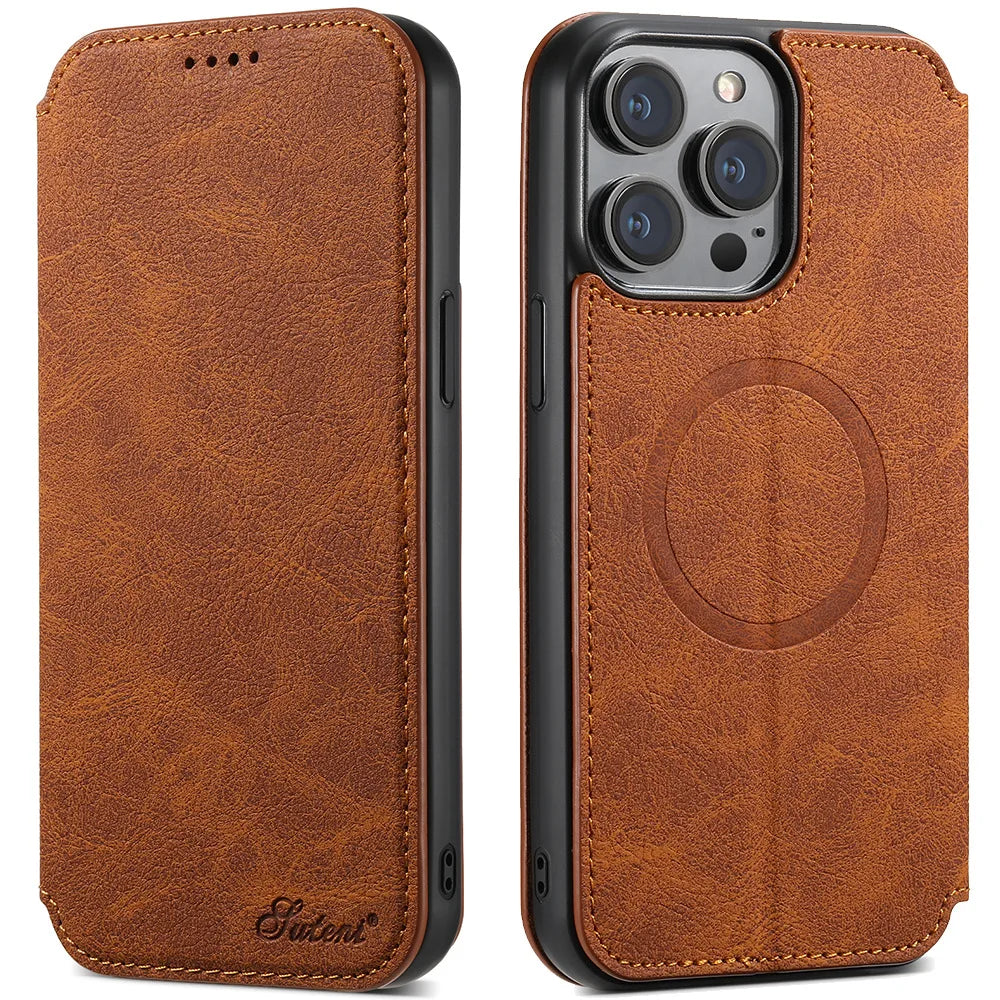 Luxuriöse Leder Magnetic Flip iPhone Hülle – MagSafe Geldbörse Kartenhalter, kabellos aufladbar, stoßfesten Schutz, elegantes Design für iPhone Modelle