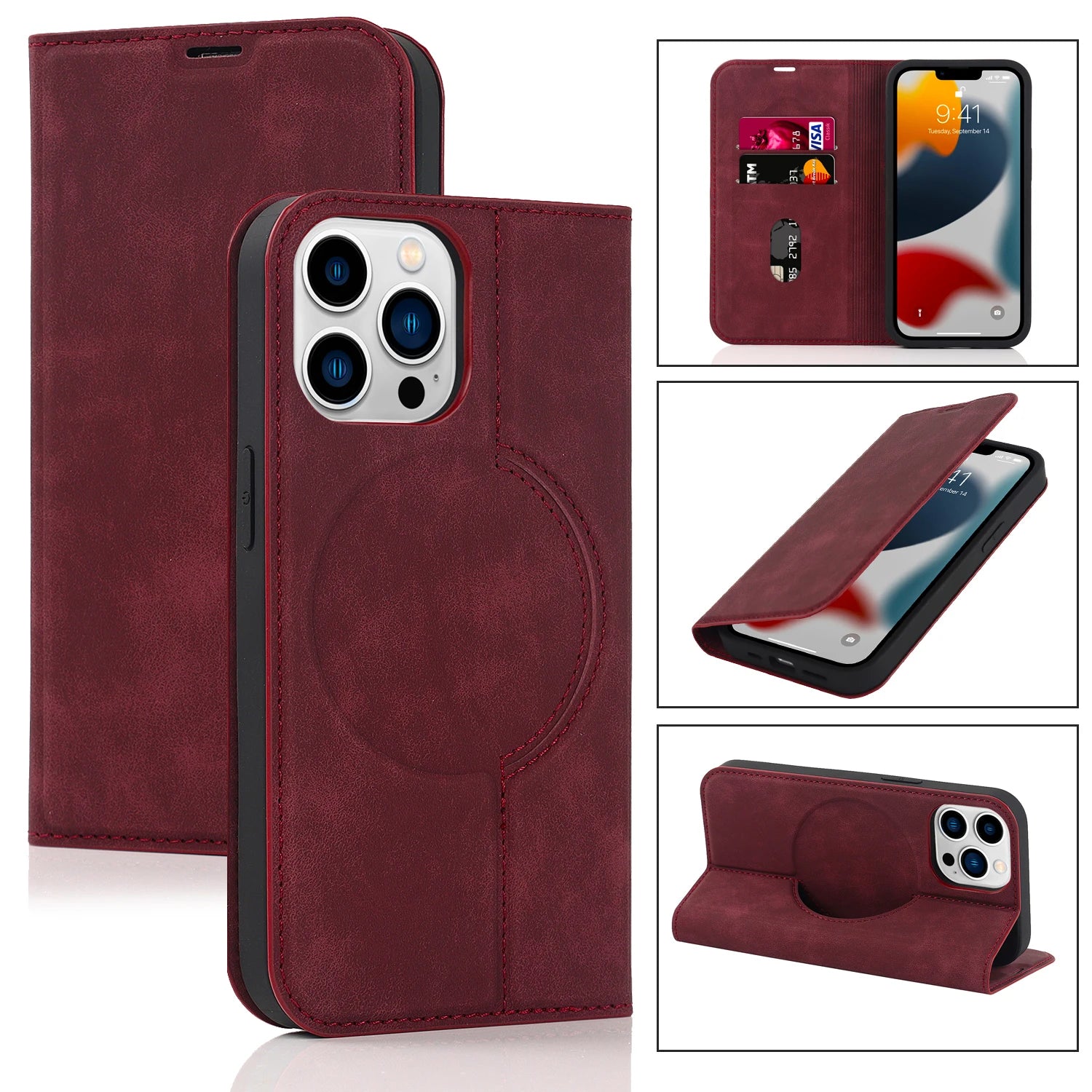 Luxuriöse Magnetische Leder Geldbörse iPhone Hülle – MagSafe Wireless Charging, Kartenfach, Standfunktion, Premium Schutz, Stilvolle & Langlebige Hülle