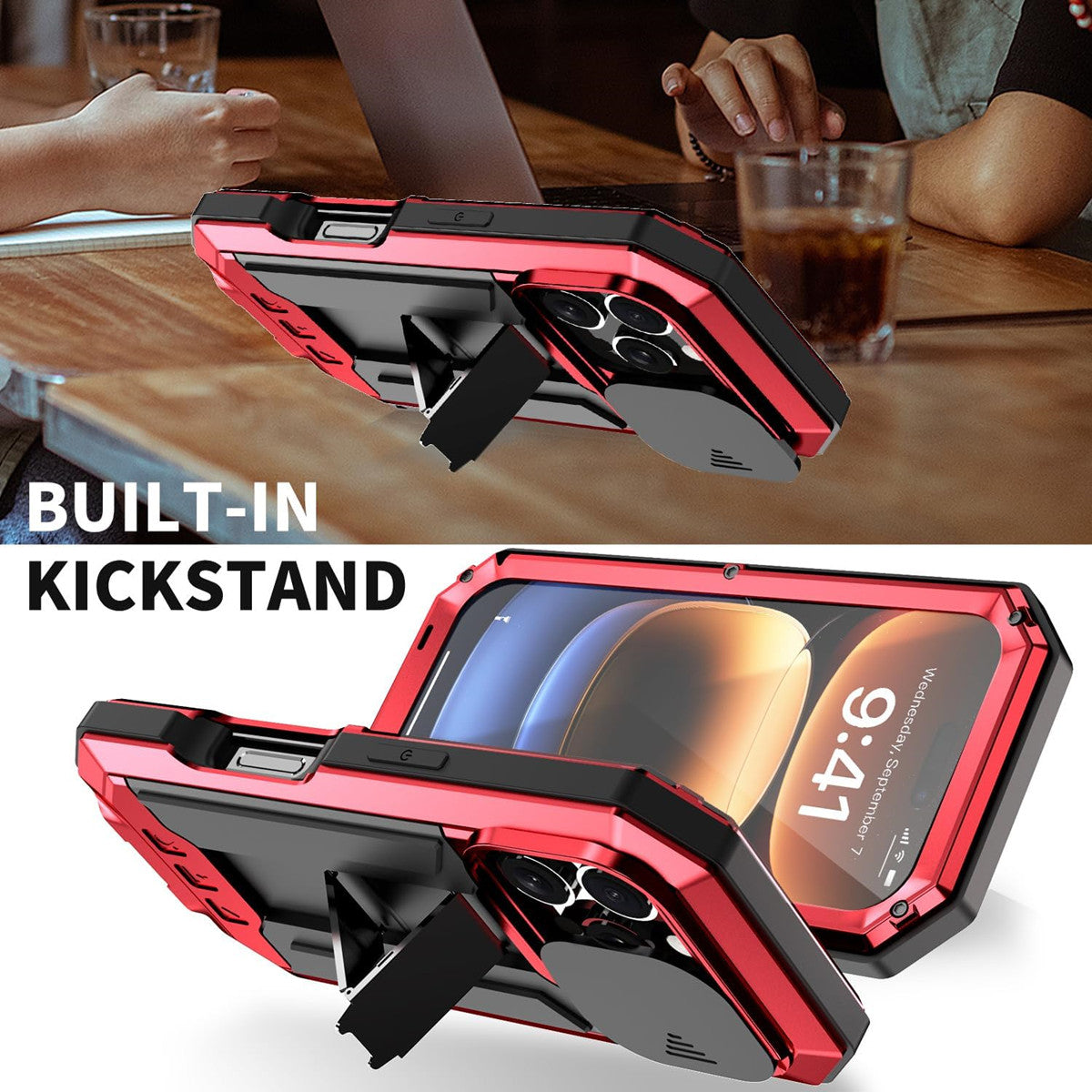Military Heavy-Duty Metal iPhone Case – Full-Body Hybrid Cover with Slide Camera Protection & Built-in Screen Protector