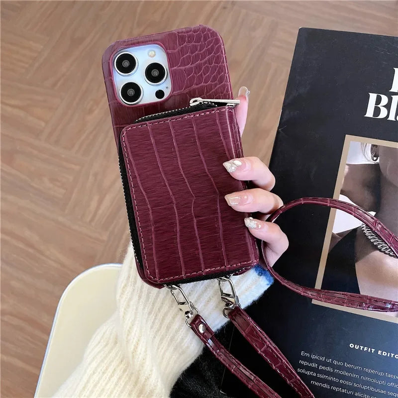 Luxuriöse Crossbody-iPhone-Hülle aus Krokodilleder – Reißverschluss-Geldbörse, Kartenhalter, stoßfeste Schutzfunktion und elegantes Design für sichere und stilvolle Bequemlichkeit