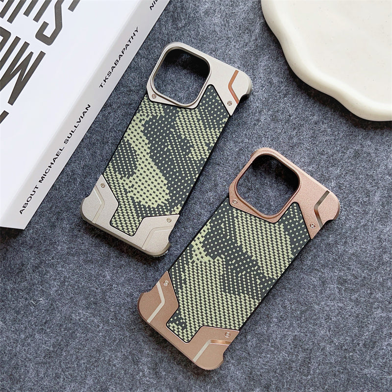 Camouflage Metal Armor Case Frameless Real Carbon Fiber Cover with Built-In Magnet for iPhone Models, Durable and Protection
