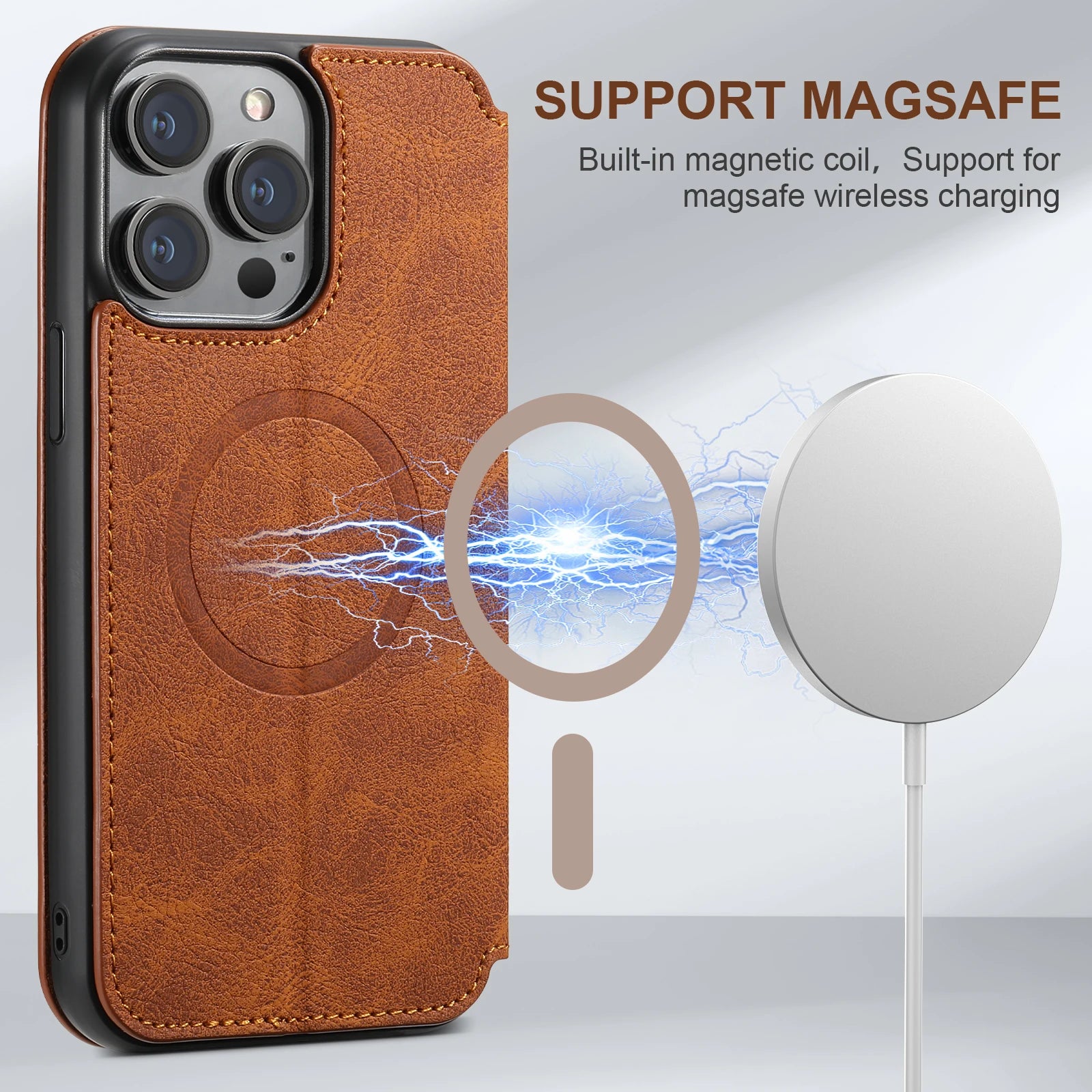 Luxuriöse Leder Magnetic Flip iPhone Hülle – MagSafe Geldbörse Kartenhalter, kabellos aufladbar, stoßfesten Schutz, elegantes Design für iPhone Modelle