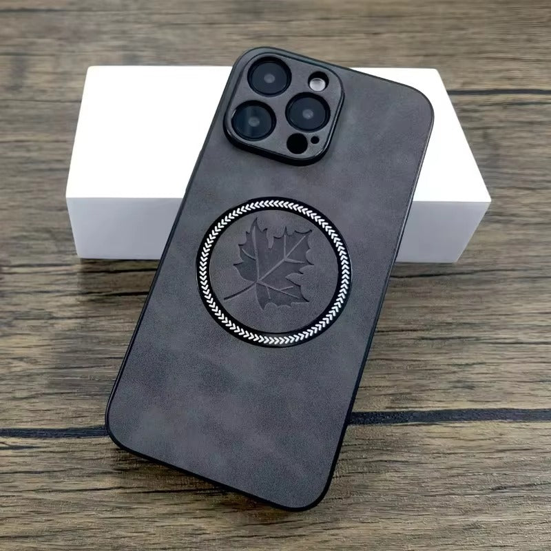 Premium Retro Leather Maple Leaf iPhone Case – MagSafe Charging, Stylish & Durable Full Protection Cover | Case for iPhone