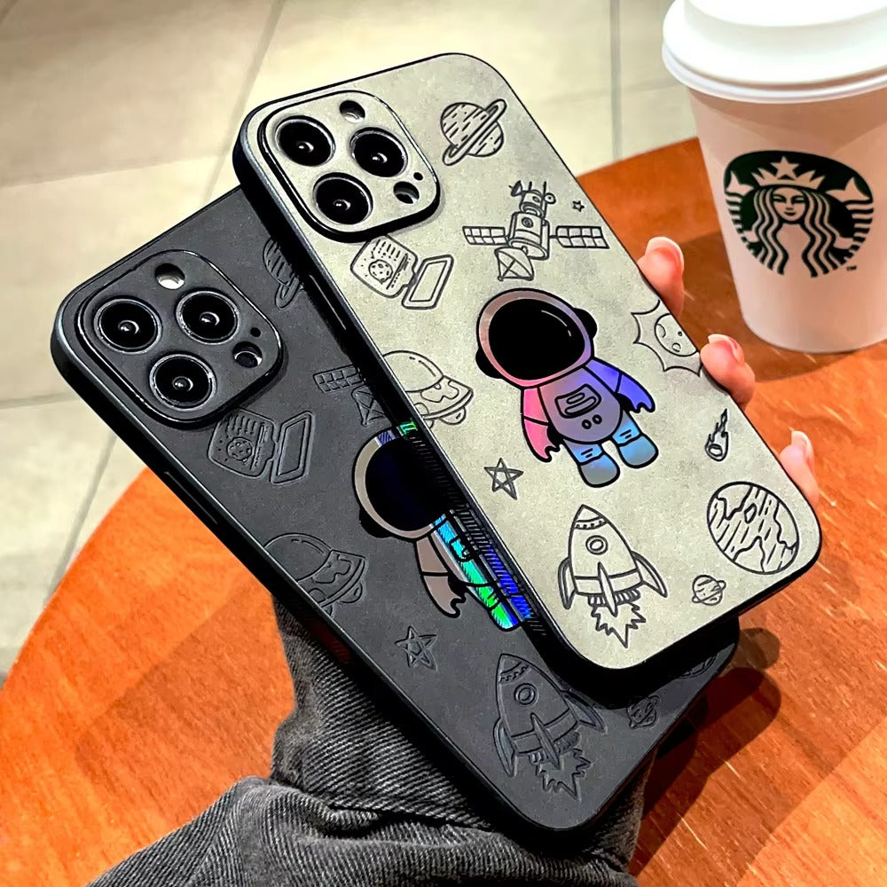 Premium Gradient Laser Astronaut iPhone Case – Faux Leather, Full Back Protection, Stylish & Durable Cover | Case for iPhone