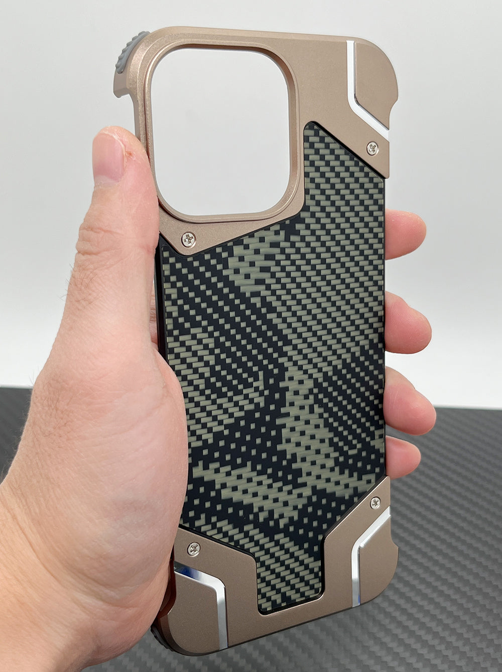 Camouflage Metal Armor Case Frameless Real Carbon Fiber Cover with Built-In Magnet for iPhone Models, Durable and Protection