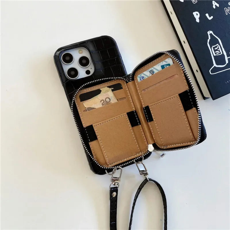 Luxuriöse Crossbody-iPhone-Hülle aus Krokodilleder – Reißverschluss-Geldbörse, Kartenhalter, stoßfeste Schutzfunktion und elegantes Design für sichere und stilvolle Bequemlichkeit