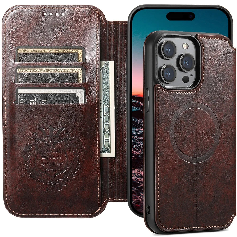 Luxuriöse Leder Magnetic Flip iPhone Hülle – MagSafe Geldbörse Kartenhalter, kabellos aufladbar, stoßfesten Schutz, elegantes Design für iPhone Modelle