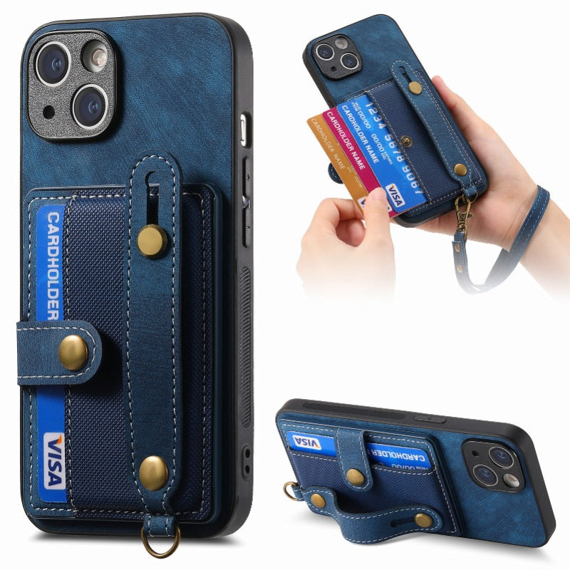 Luxury PU Leather Wallet iPhone Case with Wrist Strap – Stand Function, Card Holder, Protection for Secure and Convenience