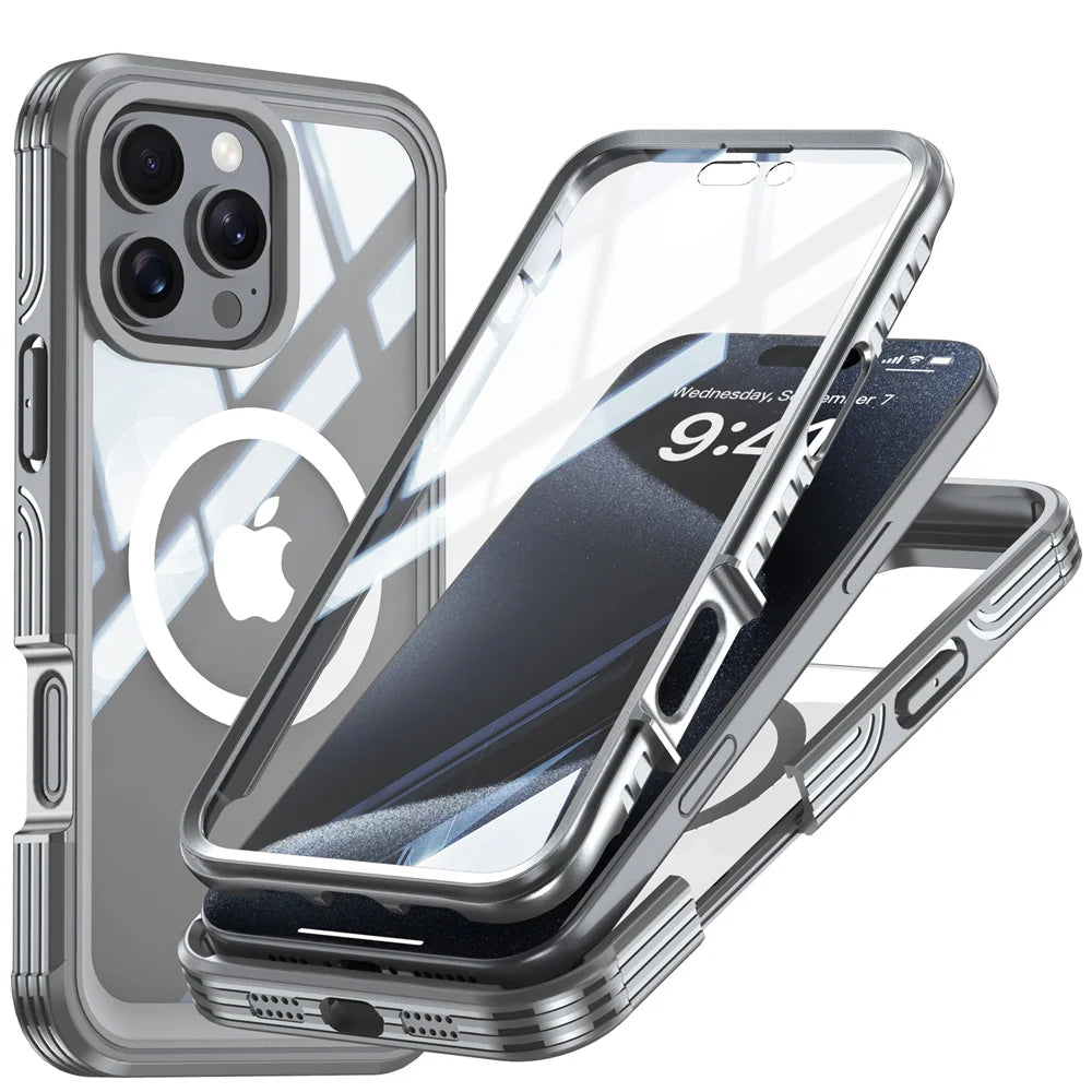 Full-Body Protection Magnetic iPhone Case – Tempered Glass MagSafe Shockproof Cover for iPhone Models, Durable and Stylish