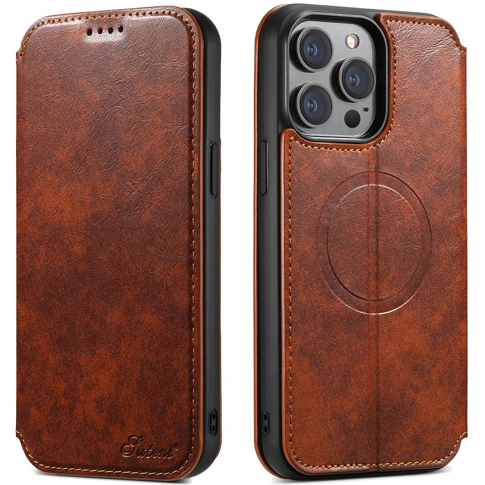 Luxuriöse Leder Magnetic Flip iPhone Hülle – MagSafe Geldbörse Kartenhalter, kabellos aufladbar, stoßfesten Schutz, elegantes Design für iPhone Modelle