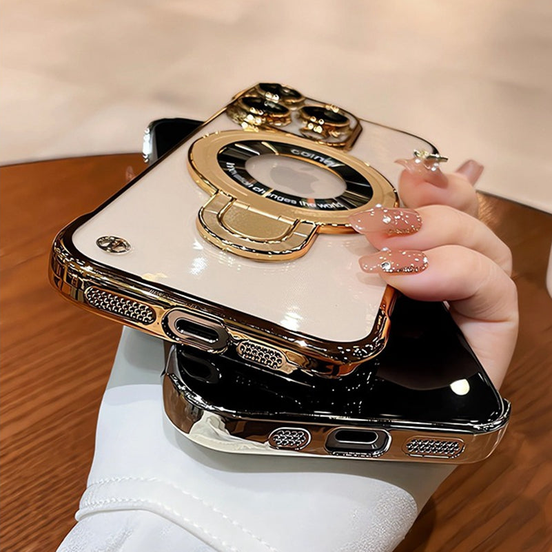 Frameless MagSafe Case with Logo Hole – Transparent Plating Slim Bracket for iPhone Models, Sleek and Durable Design