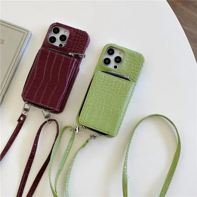Luxuriöse Crossbody-iPhone-Hülle aus Krokodilleder – Reißverschluss-Geldbörse, Kartenhalter, stoßfeste Schutzfunktion und elegantes Design für sichere und stilvolle Bequemlichkeit