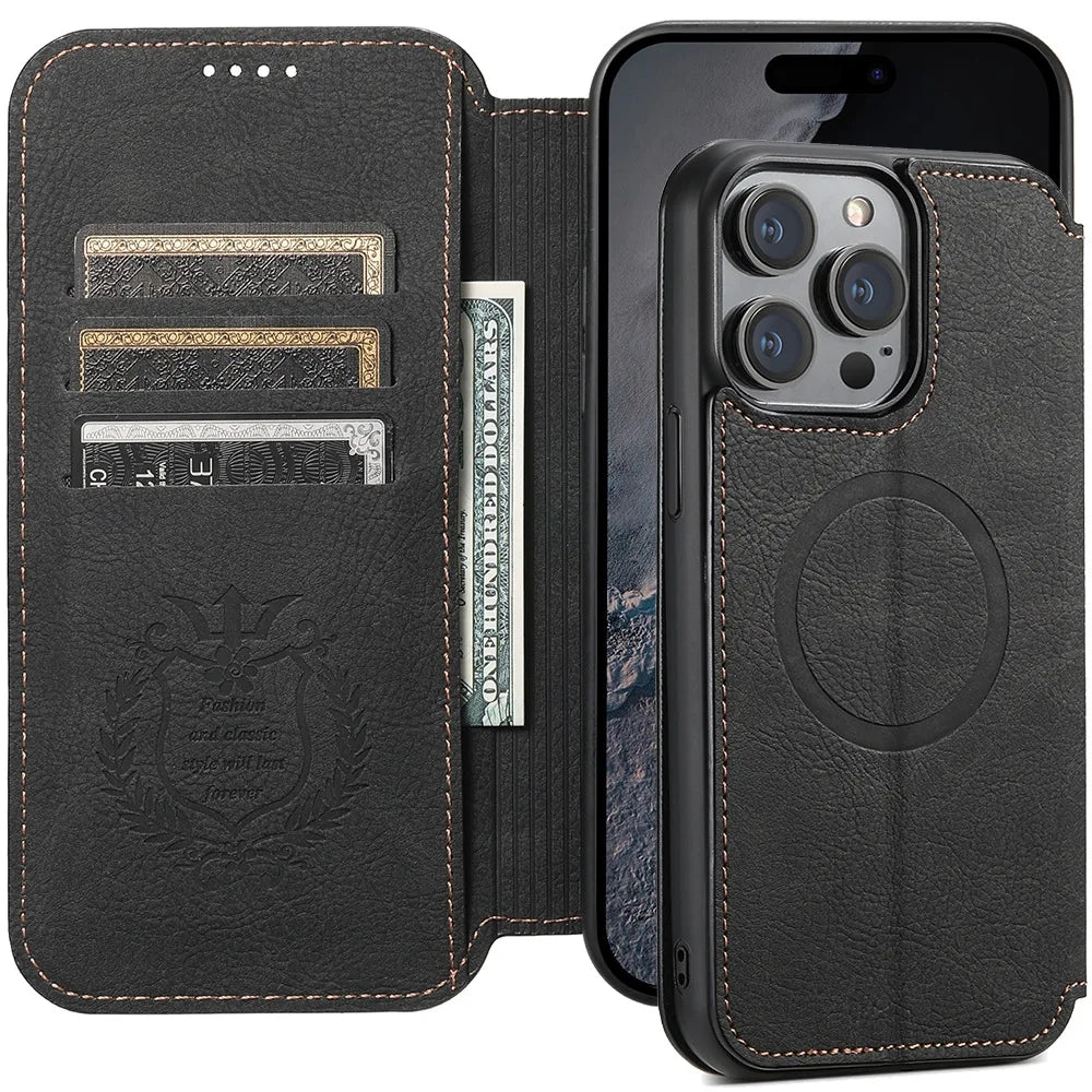 Luxuriöse Leder Magnetic Flip iPhone Hülle – MagSafe Geldbörse Kartenhalter, kabellos aufladbar, stoßfesten Schutz, elegantes Design für iPhone Modelle