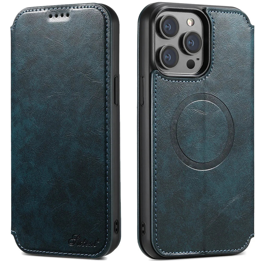 Luxuriöse Leder Magnetic Flip iPhone Hülle – MagSafe Geldbörse Kartenhalter, kabellos aufladbar, stoßfesten Schutz, elegantes Design für iPhone Modelle