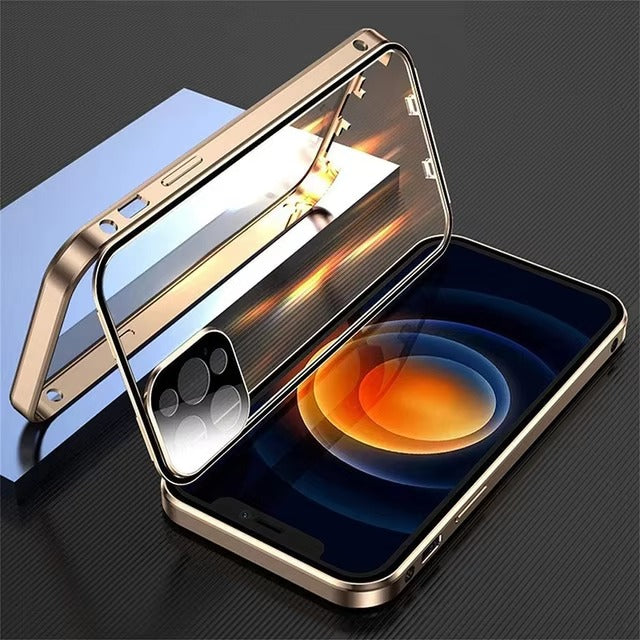 Luxury Apple iPhone Case MagSafe Compatible, Camera Lens & Screen Protection, Cover with Double-Sided Glass Bumper Lock