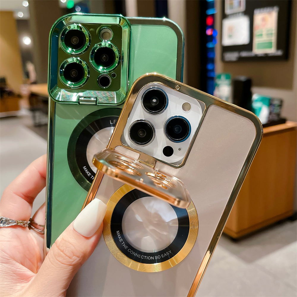 Premium Aurora Magsafe iPhone Case – Magnetic Plating CD Pattern, Shockproof, Stand Bracket, Logo Hole, Durable Protection,