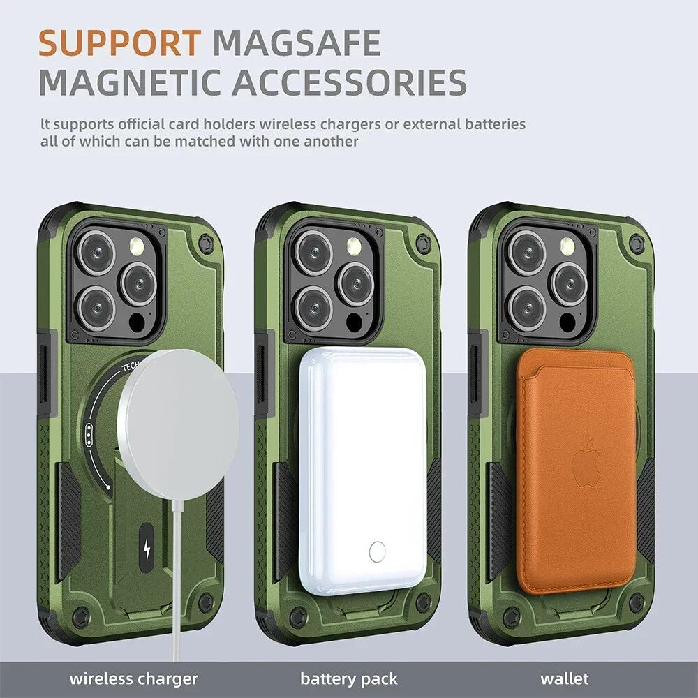 Deluxe Armor Stealth Bracket iPhone Case – Magnetic Super Fall Proof, Hard Shell with Lanyard, Protection for iPhone Models