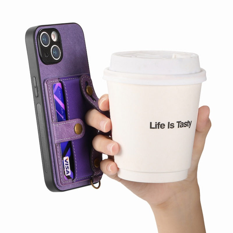 Luxury PU Leather Wallet iPhone Case with Wrist Strap – Stand Function, Card Holder, Protection for Secure and Convenience