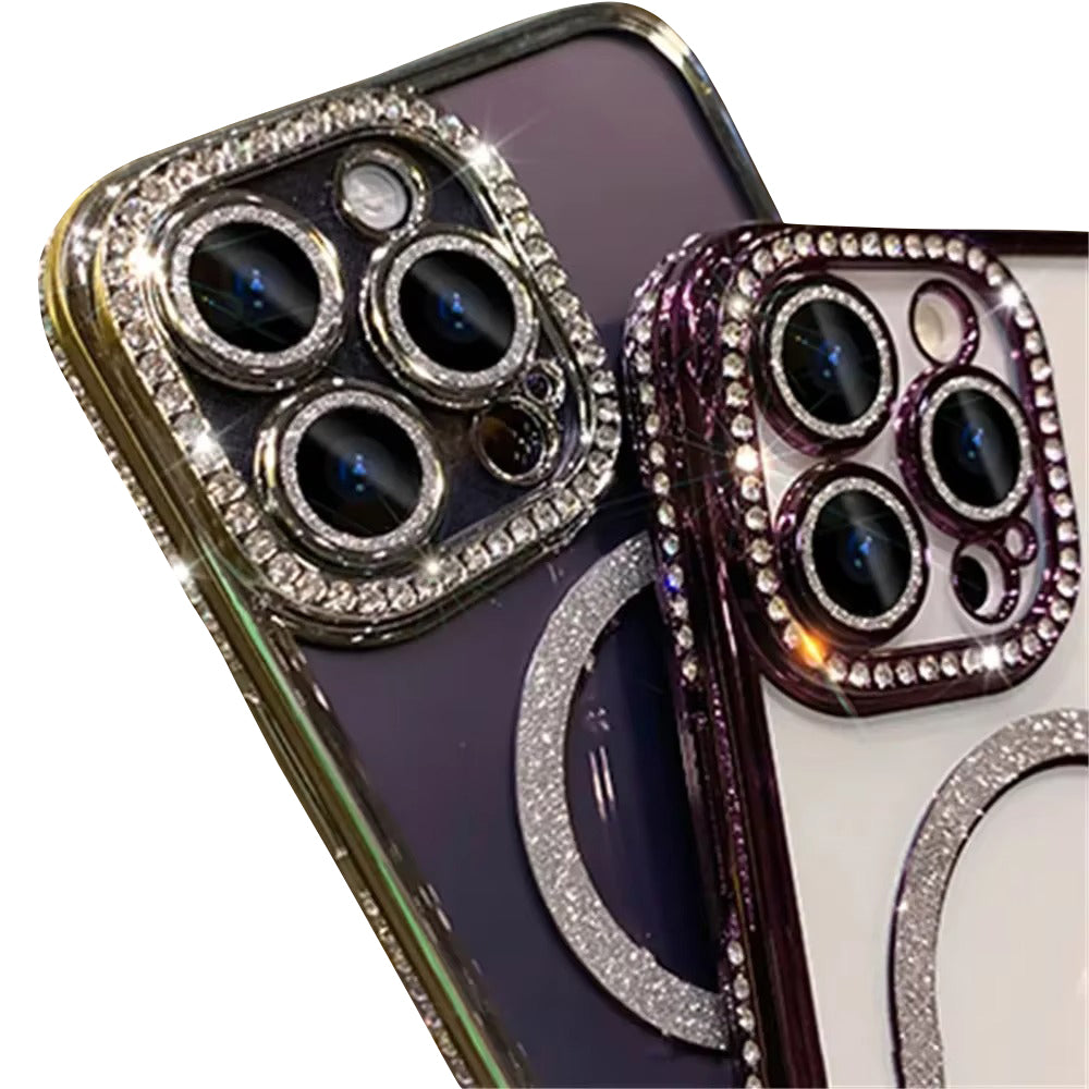 Luxury Apple iPhone Case, MagSafe Compatible, Camera Lens & Screen Protection, Ultra Thin, Shockproof, Magnetic Full All Around Cover – Glitter Diamond Transparent Case with Wireless Charging & Bumper Edge Design