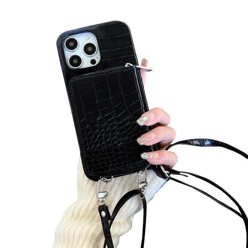 Luxuriöse Crossbody-iPhone-Hülle aus Krokodilleder – Reißverschluss-Geldbörse, Kartenhalter, stoßfeste Schutzfunktion und elegantes Design für sichere und stilvolle Bequemlichkeit