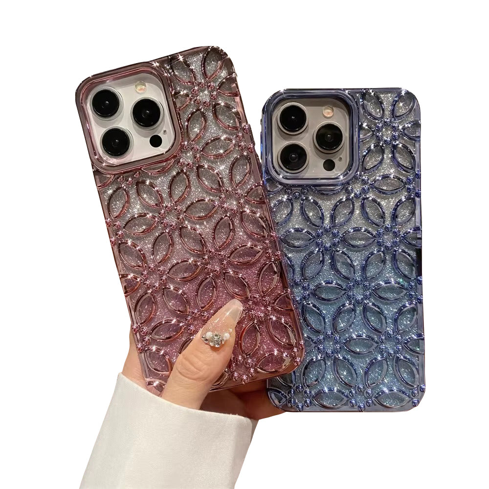 Luxury Apple iPhone Case, MagSafe Compatible, Camera Lens & Screen Protection, Ultra Thin, Shockproof, Magnetic Full All Around Cover – 3D Gradient Glitter Lucky Flower TPU Case with Soft Shockproof Design