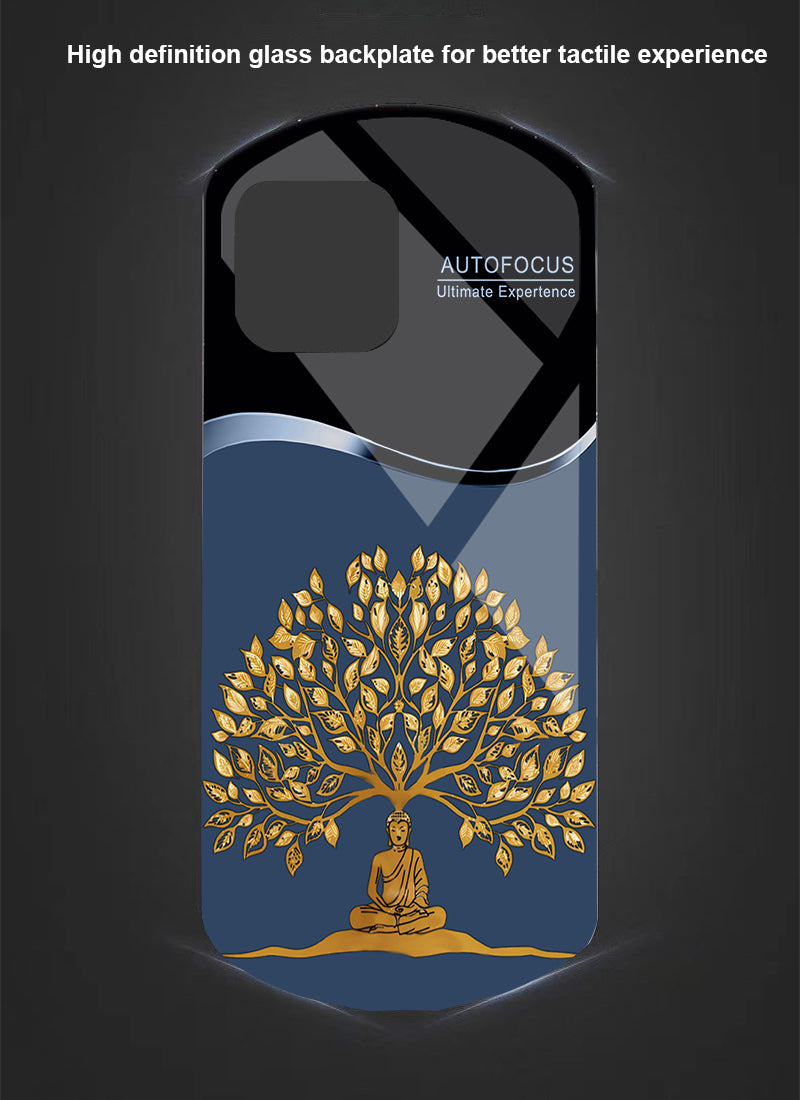 Golden Wealth Tree Phone Case – Elegant Tempered Glass for iPhone Models, Durable Protection, Stylish Elliptical Design