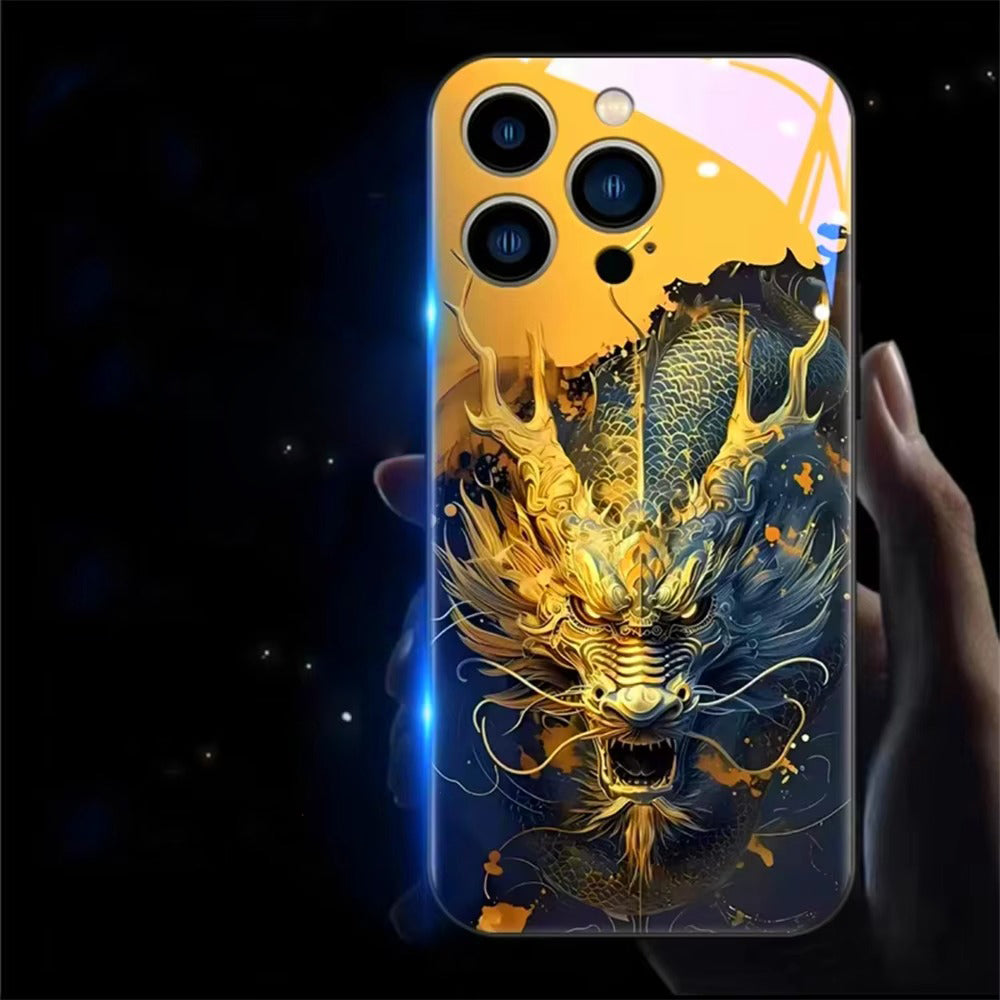 Premium Apple iphone  Case, LED Flash, Sound Reactive, Shockproof, Ultra Thin, Full Body Protection, Golden Dragon Luminous Glass Cover