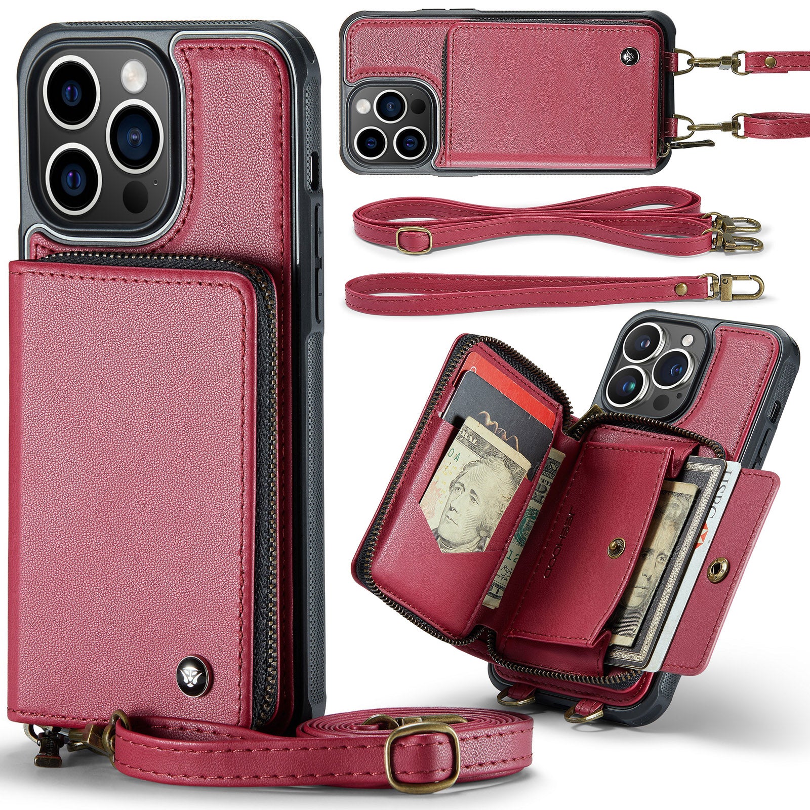 Luxuriöse Leder Geldbörse Crossbody iPhone Hülle – Kartensteckplatz, Ständerfunktion, Handgelenkband, stoßfeste Schutz für iPhone