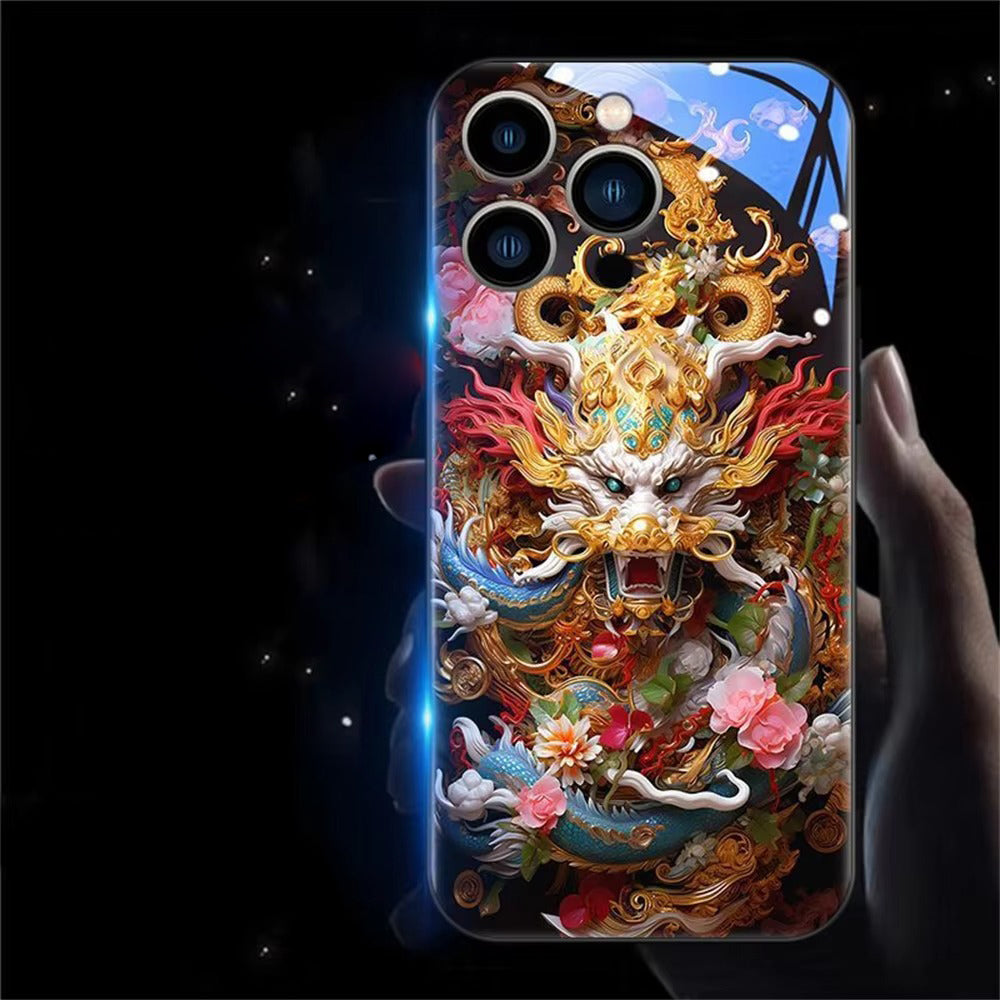 Premium Apple iphone  Case, LED Flash, Sound Reactive, Shockproof, Ultra Thin, Full Body Protection, Golden Dragon Luminous Glass Cover