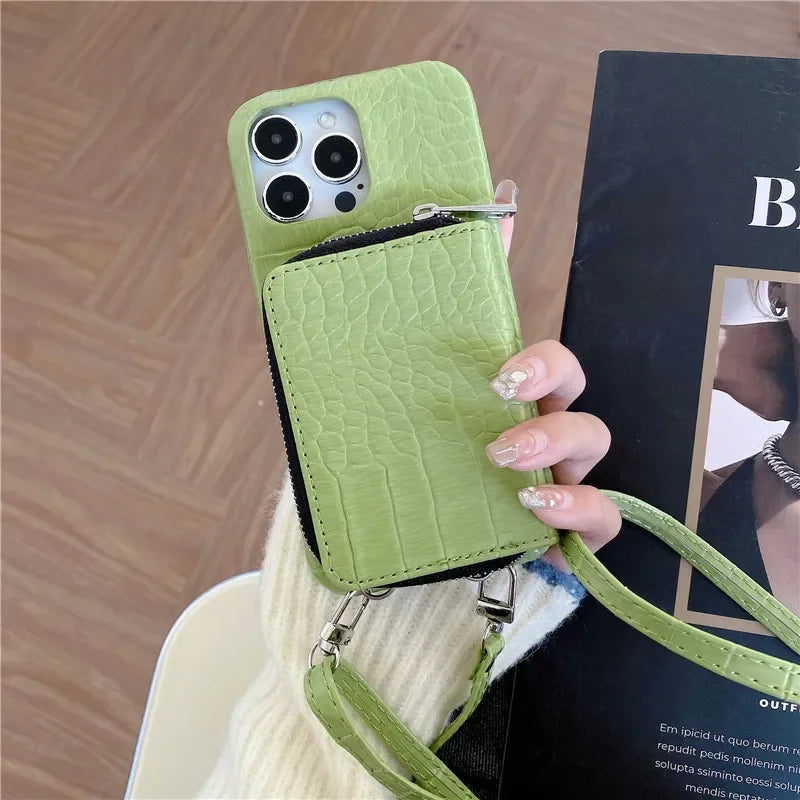 Luxuriöse Crossbody-iPhone-Hülle aus Krokodilleder – Reißverschluss-Geldbörse, Kartenhalter, stoßfeste Schutzfunktion und elegantes Design für sichere und stilvolle Bequemlichkeit