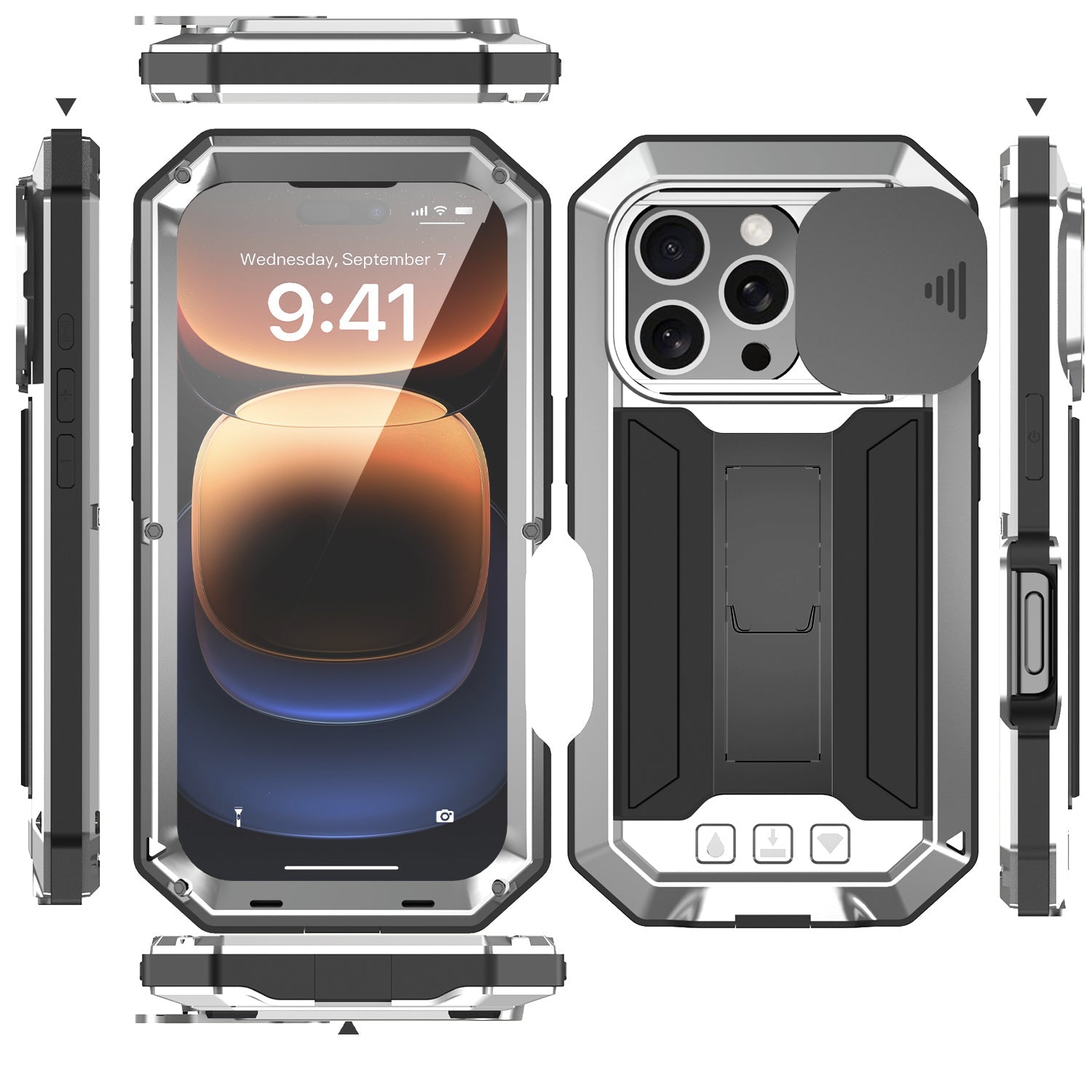 Military Heavy-Duty Metal iPhone Case – Full-Body Hybrid Cover with Slide Camera Protection & Built-in Screen Protector 