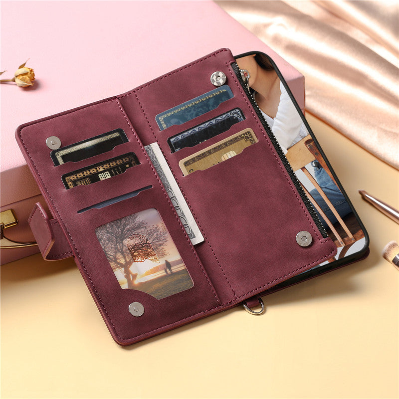 Luxury Flip Leather Wallet iPhone Case – Long Lanyard, Zipper Closure, Card Holder, and Premium Design for iPhone