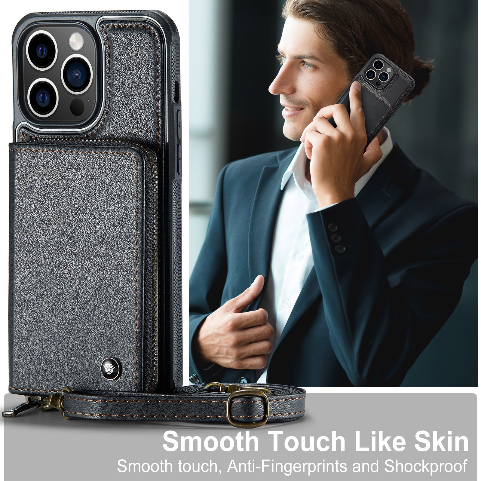 Luxury Leather Wallet Crossbody iPhone Case – Card Slot Holder, Stand Function, Hand Lanyard Strap, Shockproof Protection for iPhone
