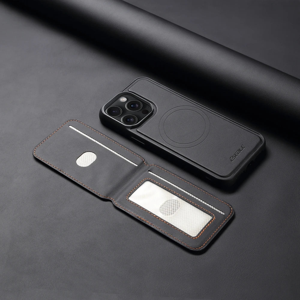 Luxuriöse Magnetische Leder Geldbörse iPhone Hülle – 2-in-1 MagSafe Kartenhalter, Ständer, Stoßfesten Schutz, Premium Design, Kabelloses Laden Kompatibel für iPhone Modelle