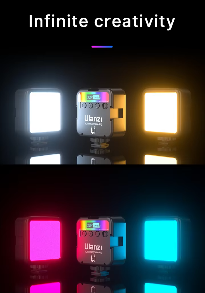 Premium, RGB LED Fill Light – Rechargeable 2000mAh Video Lamp with Cold Shoe, Compact Lighting Kit for Apple iPhone, Camera, 