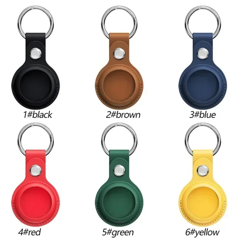 Luxury Leather AirTag Keychain Holder – Anti-Scratch Pet Tracker Cover, Secure Snap Button, Stylish Protective Case for iOS, Key Ring Included