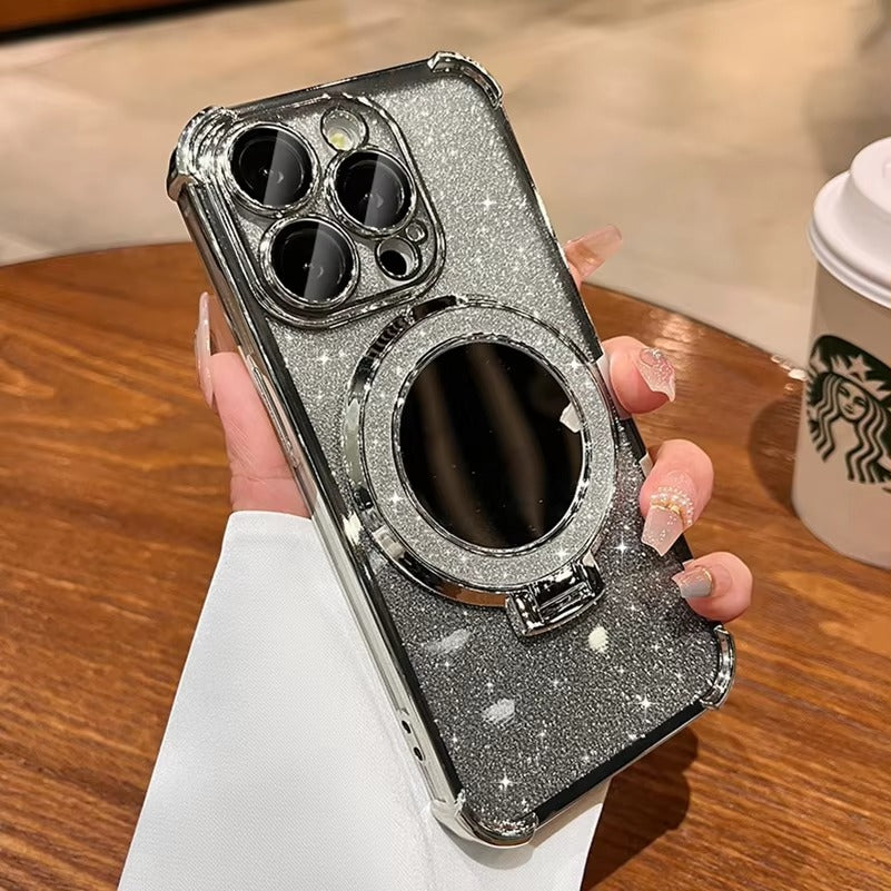 Luxury Apple iPhone Case, MagSafe Compatible, Camera Lens & Screen Protection, Ultra Thin, Shockproof, Magnetic Full All Around Cover – Sparkling Gradient Glitter Airbag Case with Mirror Back & Diamond Stand Holder