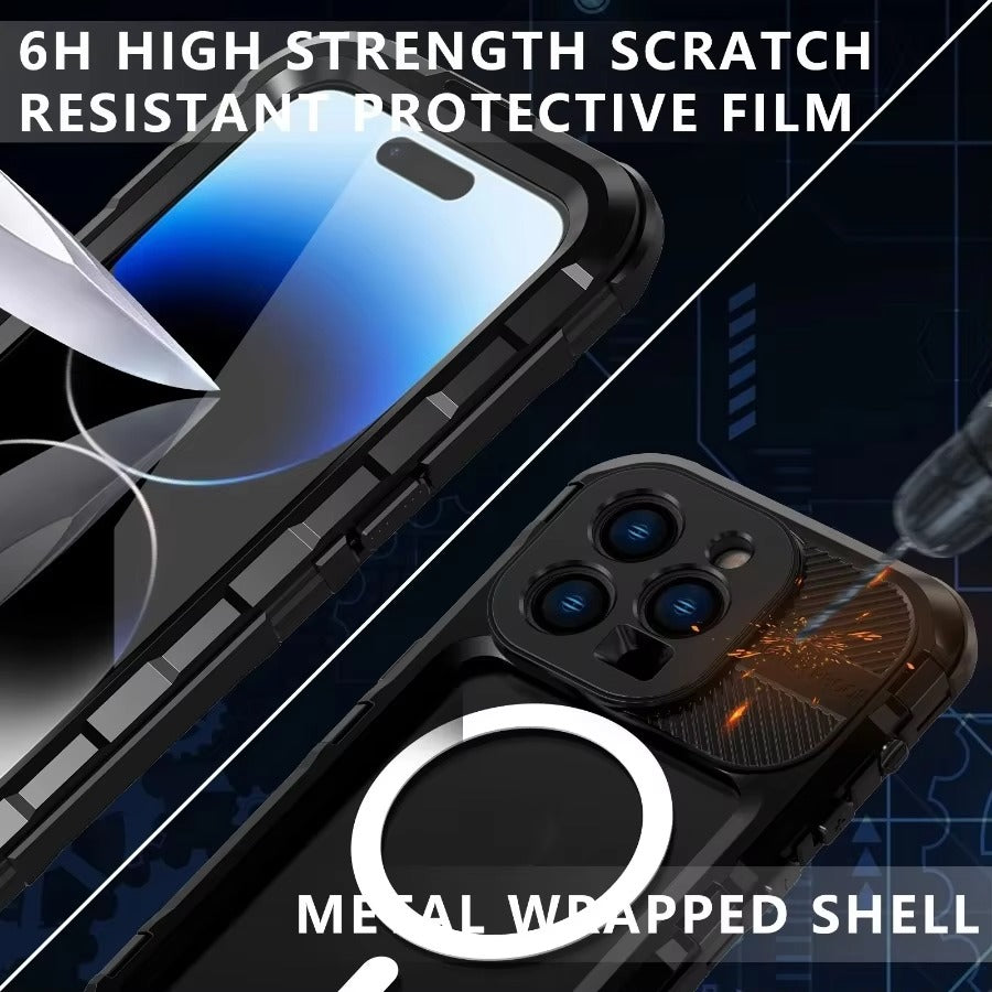 Robuste Apple iPhone Hülle, MagSafe-kompatibel, Kameraobjektiv- und Bildschirmschutz, ultradünne stoßfeste magnetische Rundumschutzabdeckung mit IP68 Metall-Militärdesign