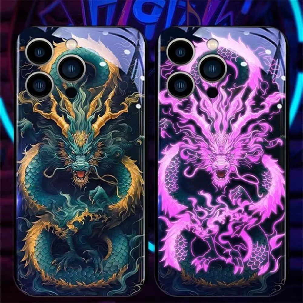 Premium Apple iphone  Case, LED Flash, Sound Reactive, Shockproof, Ultra Thin, Full Body Protection, Golden Dragon Luminous Glass Cover