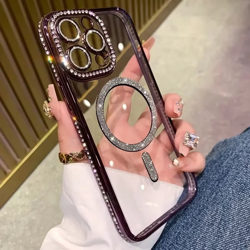Luxury Pink Glitter Apple iPhone Case, MagSafe Compatible, Ultra Thin Magnetic Shockproof Full Protection Cover and Diamond Clear Plated Shell