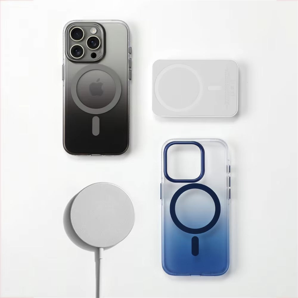 Hochwertige Apple iPhone Hülle, MagSafe-kompatibel, Kameraobjektiv- und Bildschirmschutz, ultradünne stoßfeste magnetische Rundumschutzabdeckung mit Farbverlauf-Bumper und klarem Gehäuse
