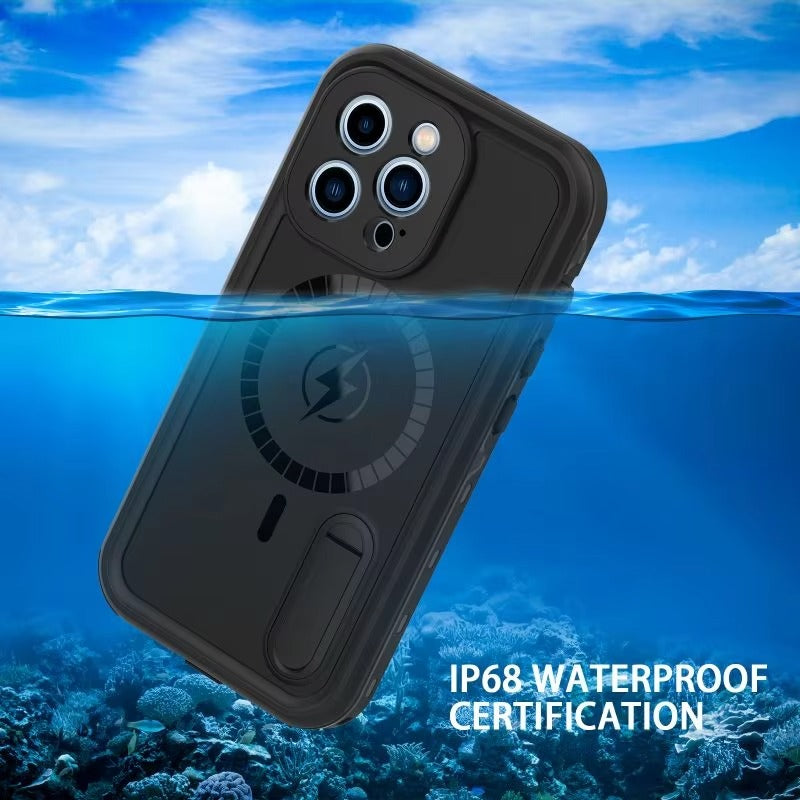 High Quality Apple iPhone Case MagSafe Compatible, Camera Lens & Screen Protection, Cover with IP68 Diving Armor Stand