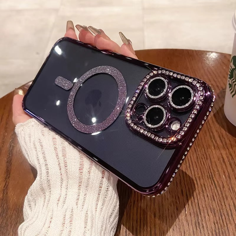 Luxury Pink Glitter Apple iPhone Case, MagSafe Compatible, Ultra Thin Magnetic Shockproof Full Protection Cover and Diamond Clear Plated Shell