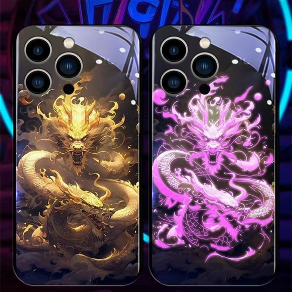 Premium Apple iphone  Case, LED Flash, Sound Reactive, Shockproof, Ultra Thin, Full Body Protection, Golden Dragon Luminous Glass Cover