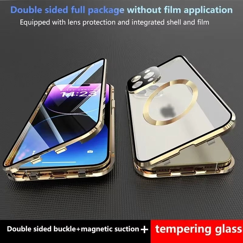 Premium Apple iPhone Case  Ultra Thin Shockproof Magnetic Full All Around Protection Cover with Metal Frame Glass Design