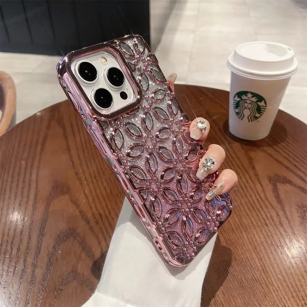 Luxury Apple iPhone Case, MagSafe Compatible, Camera Lens & Screen Protection, Ultra Thin, Shockproof, Magnetic Full All Around Cover – 3D Gradient Glitter Lucky Flower TPU Case with Soft Shockproof Design